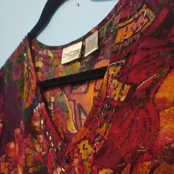 Chicos multicolor jewel embellished 100% silk size 0 front tie sheer lightweight - Picture 3 of 8